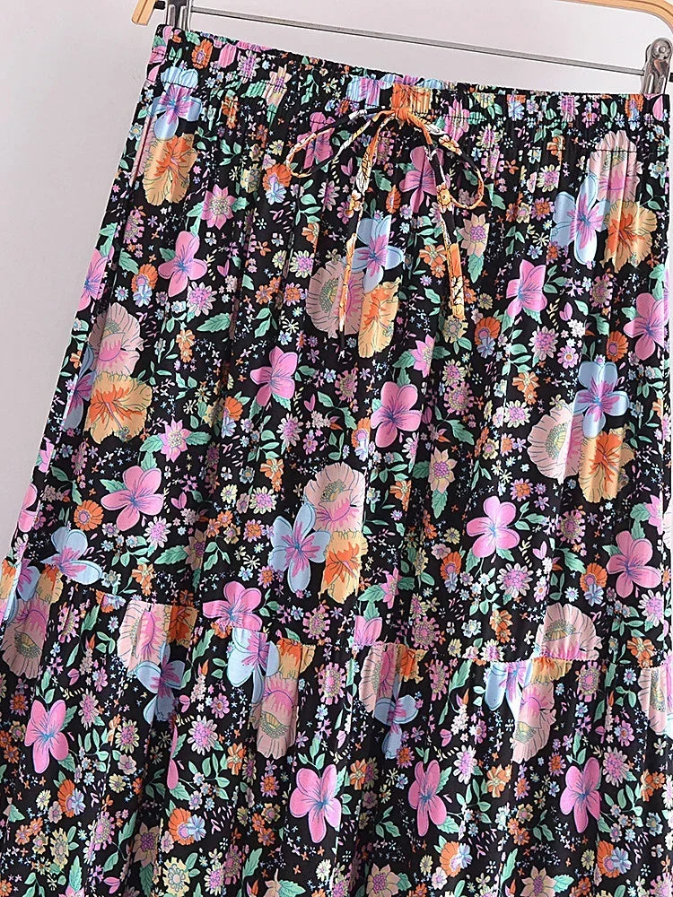 Hibiscus Dream Floral Print Boho Maxi Skirt