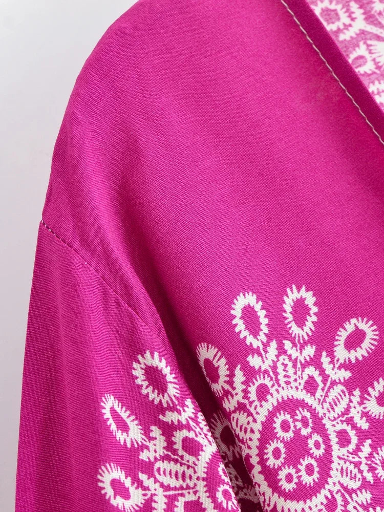 Roseberry Dreams Boho Floral Print Long Sleeve Crop Top