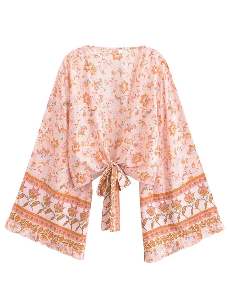 Sunset Glow Boho Floral Print Long Sleeve Crop Top