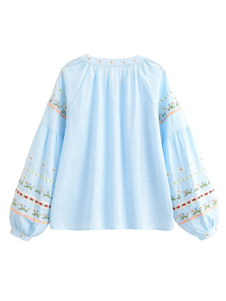 Sky Blossom Floral Embroidered Long Sleeve Blouse