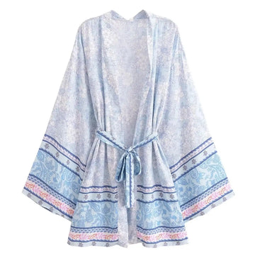 Dreamy Blue Boho Floral Print Short Robe