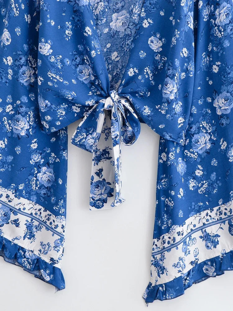 Blue Rose Dreams Boho Floral Print Long Sleeve Crop Top