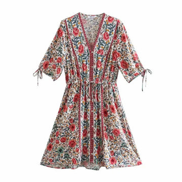 Pearl Garden Boho Floral Print Mini Dress