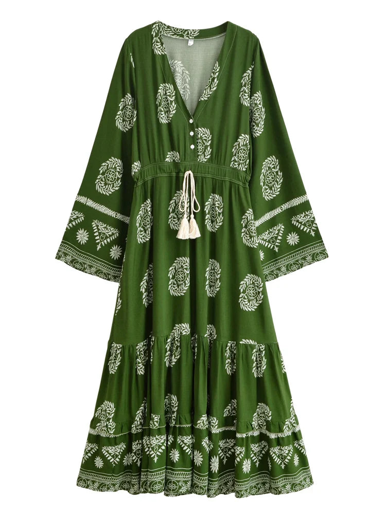 Sagewood Green Boho Floral Print Maxi Dress