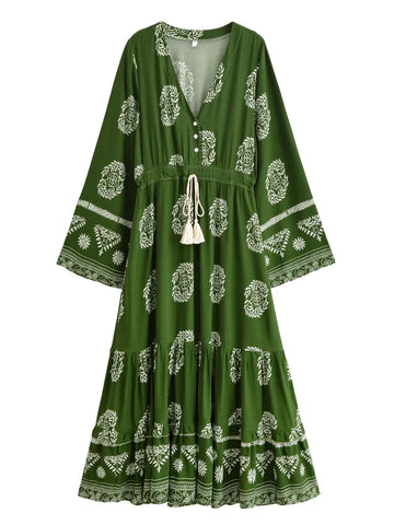 Sagewood Green Boho Floral Print Maxi Dress