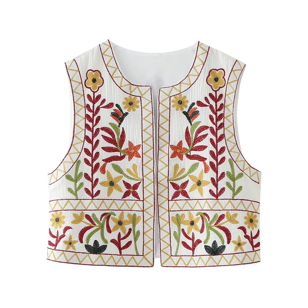 White Bouquet Boho Floral Embroidered Vest