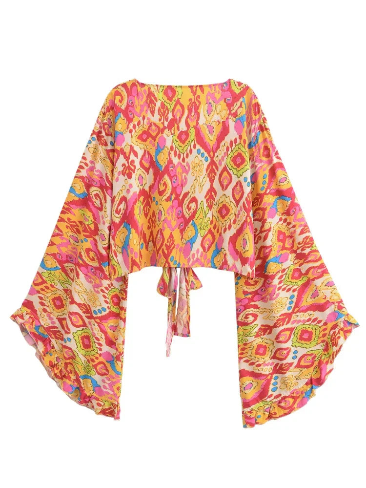 Nova Orange Boho Floral Print Long Sleeve Crop Top