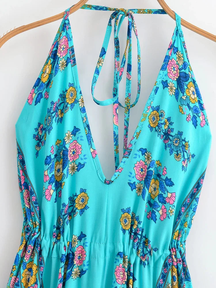 Turquoise Charm Boho Floral Print Maxi Dress
