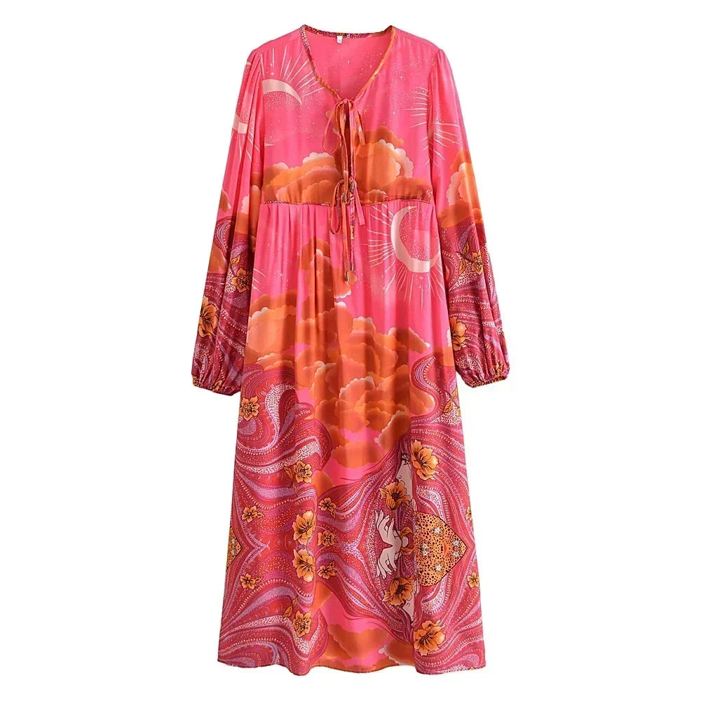Moonstruck Pink Boho Floral Print Long Sleeve Maxi Dress
