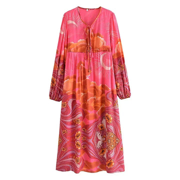 Moonstruck Pink Boho Floral Print Long Sleeve Maxi Dress
