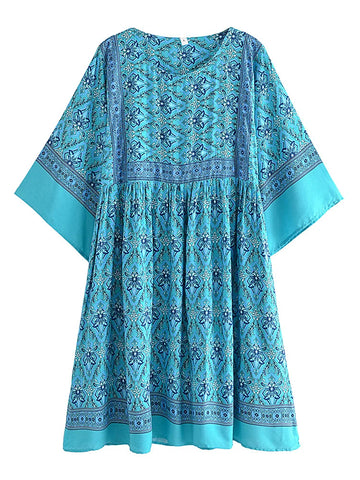 Blossom Blues Boho Floral Babydoll Mini Dress