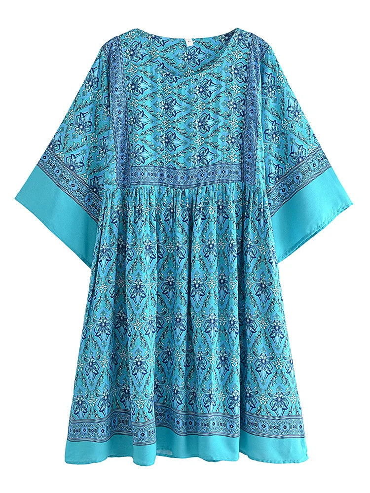 Blossom Blues Boho Floral Babydoll Mini Dress