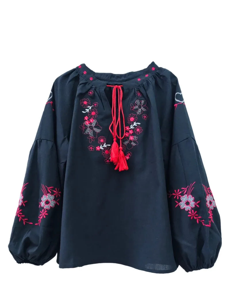 Black Prairie Bloom Floral Embroidered Blouse