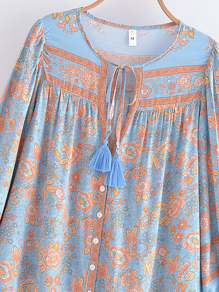 Blue Whisper Boho Floral Print Long Sleeve Blouse