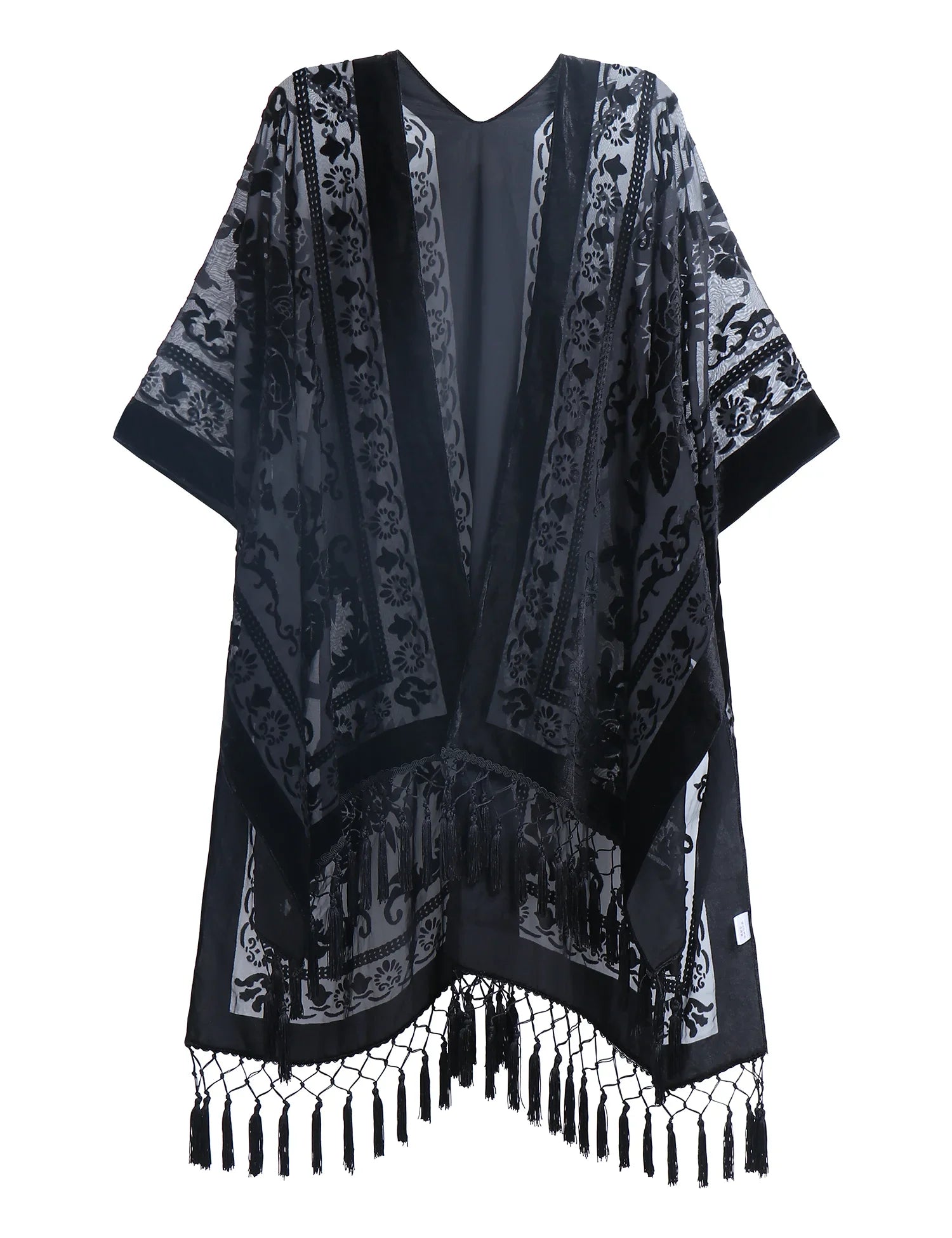 Black Floral Print Velvet Burnout Kimono