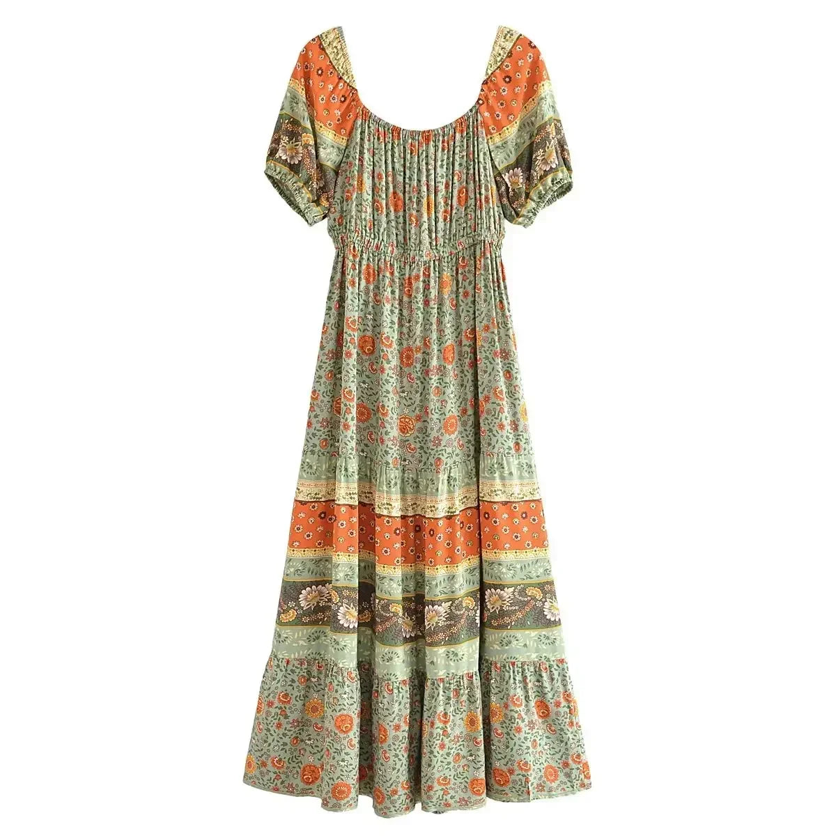 Green Whimsy Boho Floral Print Maxi Dress