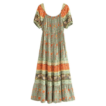 Green Whimsy Boho Floral Print Maxi Dress
