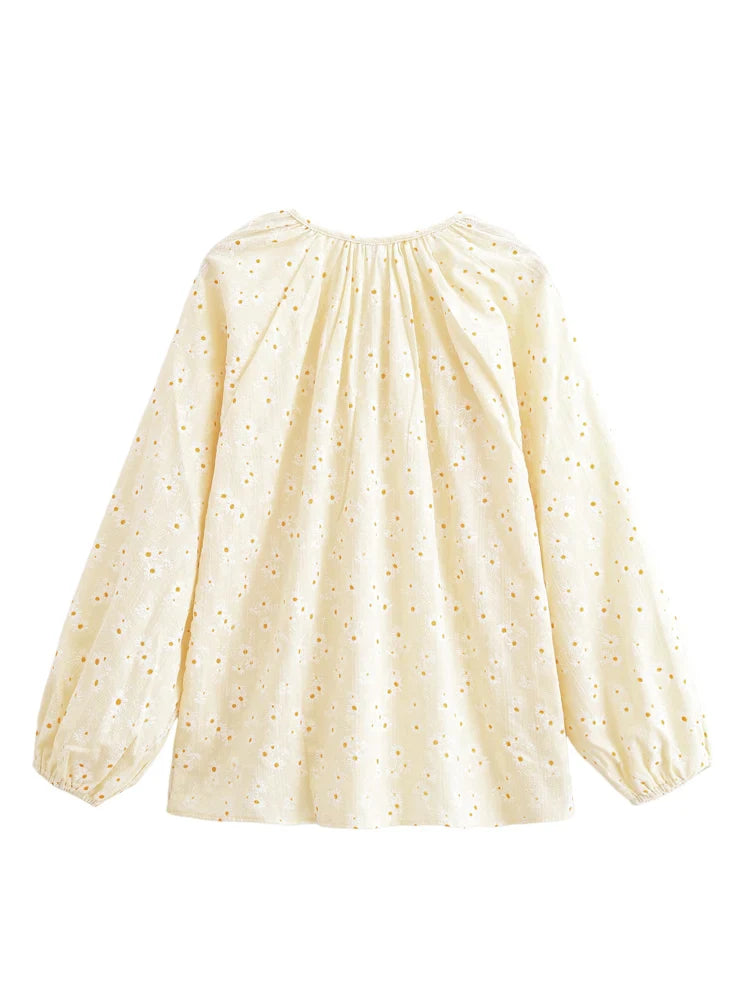 Golden Daisy Boho Floral Embroidered Long Sleeve Blouse