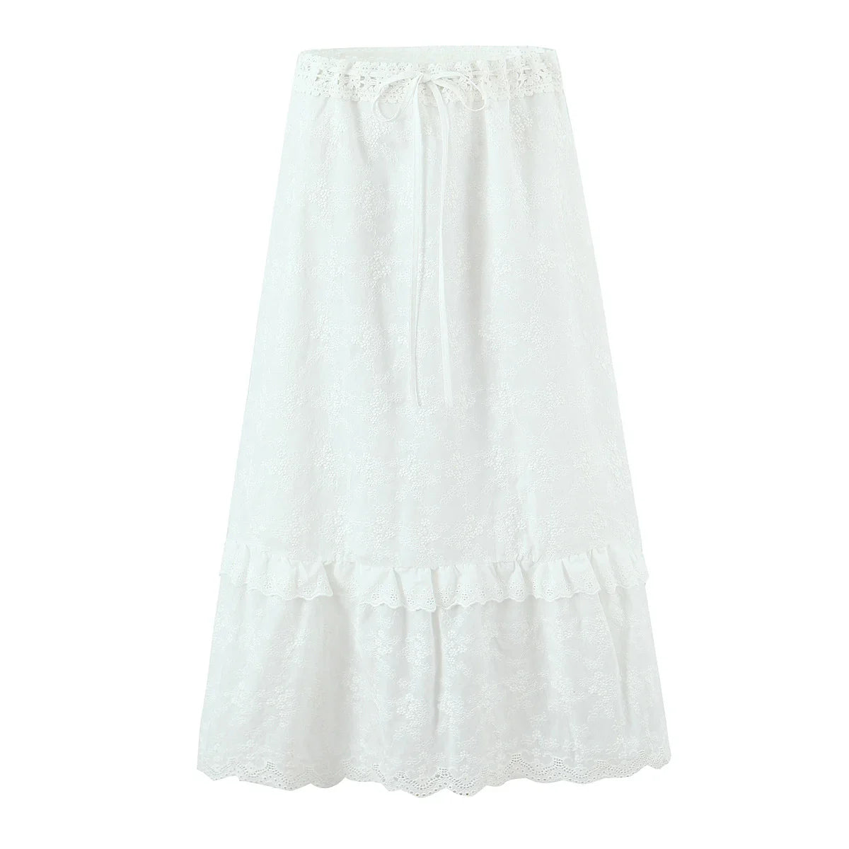 Dreamy White Floral Embroidered Midi Skirt