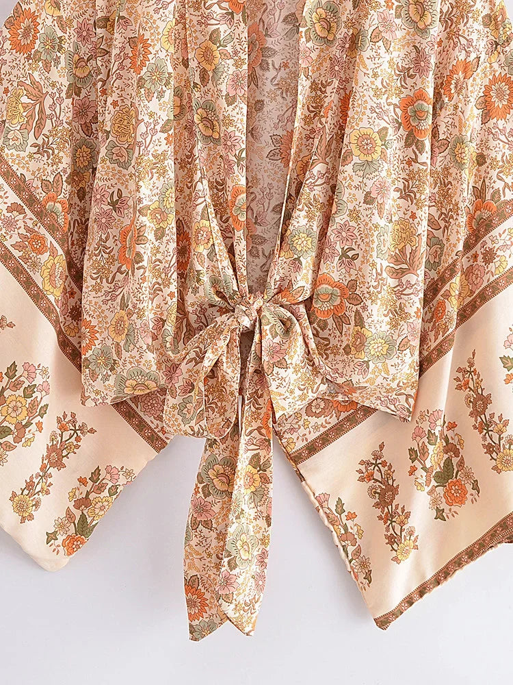 Sandstone Beige Boho Floral Print Crop Top