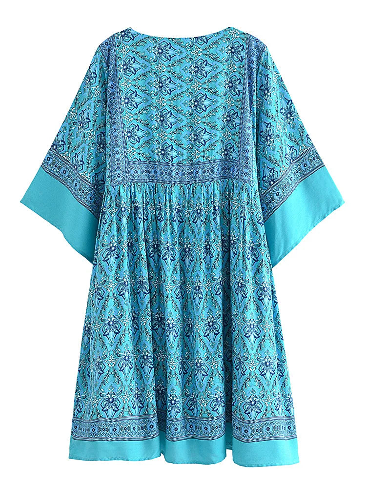 Blossom Blues Boho Floral Babydoll Mini Dress