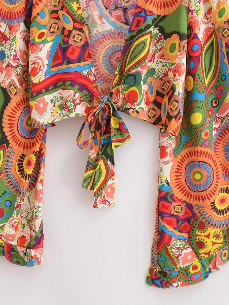 Psychedelic Sunrise Boho Floral Print Long Sleeve Crop Top