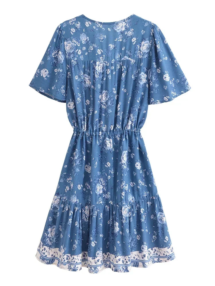 Cottage Blue Boho Floral Print Mini Dress
