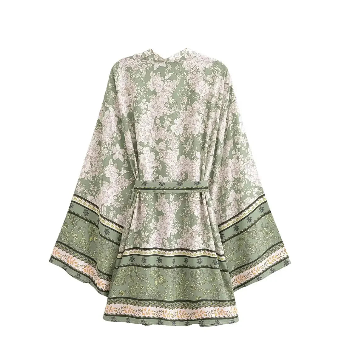 Sagewood Bloom Boho Floral Print Short Robe