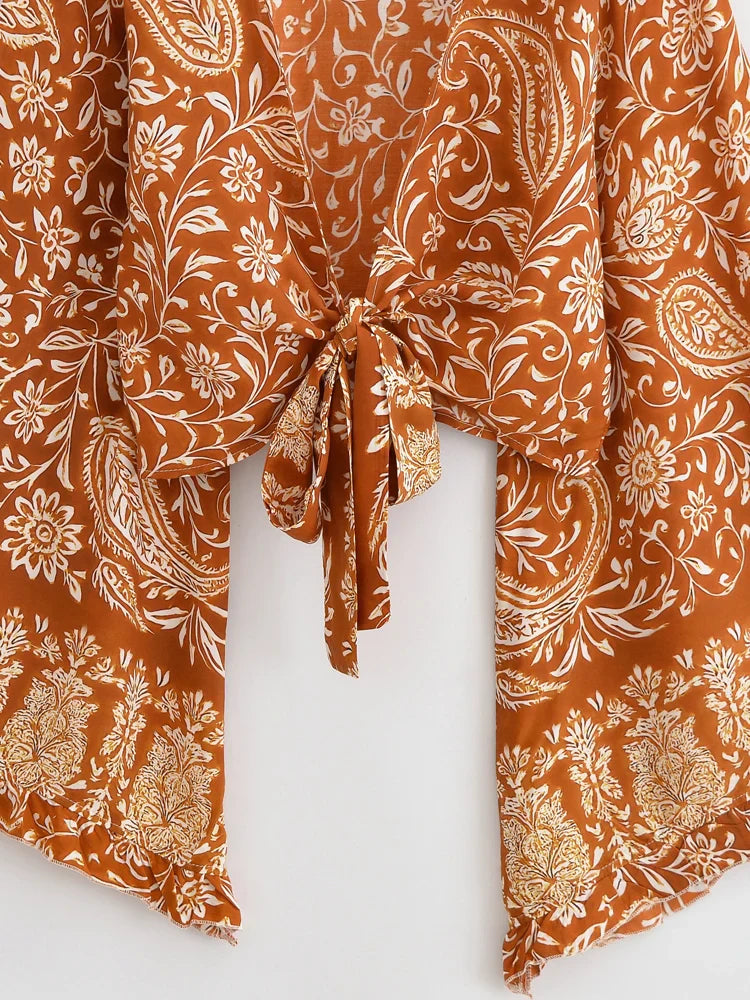 Burnt Sienna Boho Floral Print Long Sleeve Crop Top