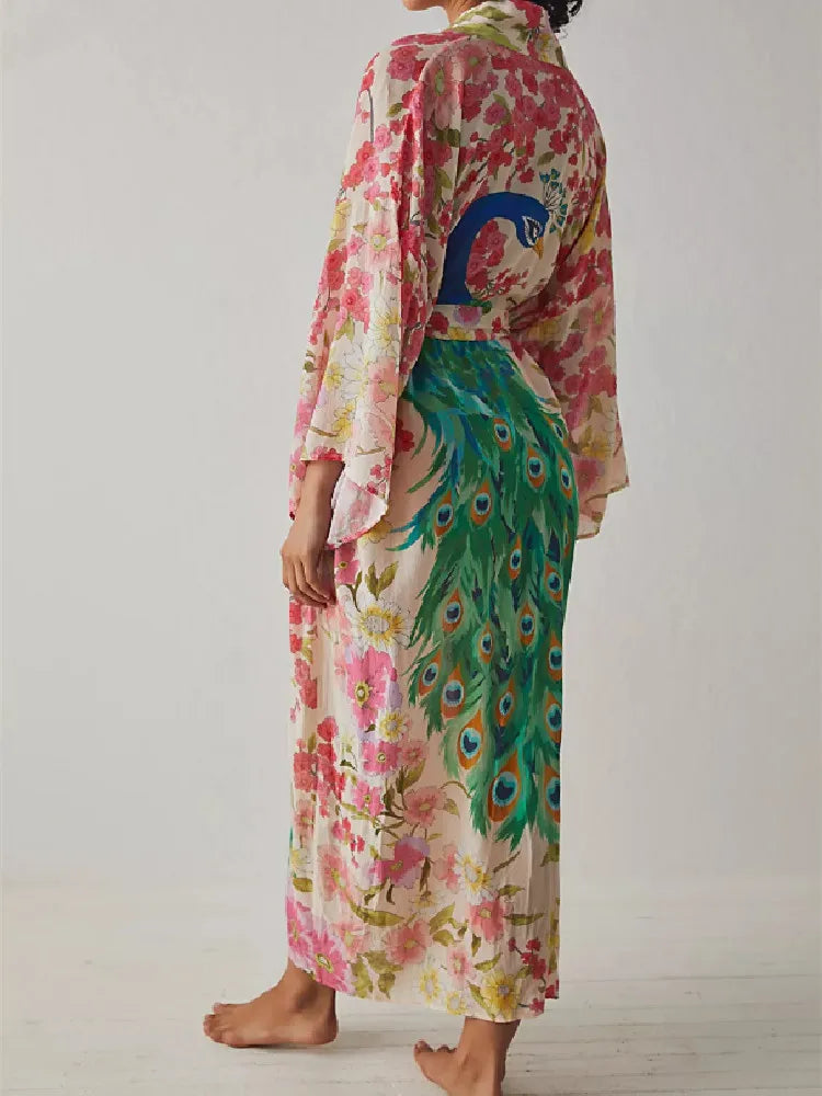 Pink Peacock Boho Floral Print Maxi Robe