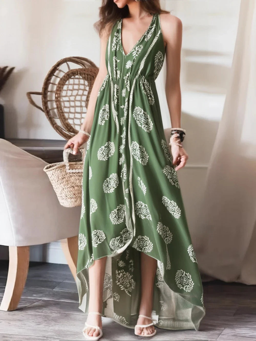 Sagewood Green Boho Floral Maxi Dress