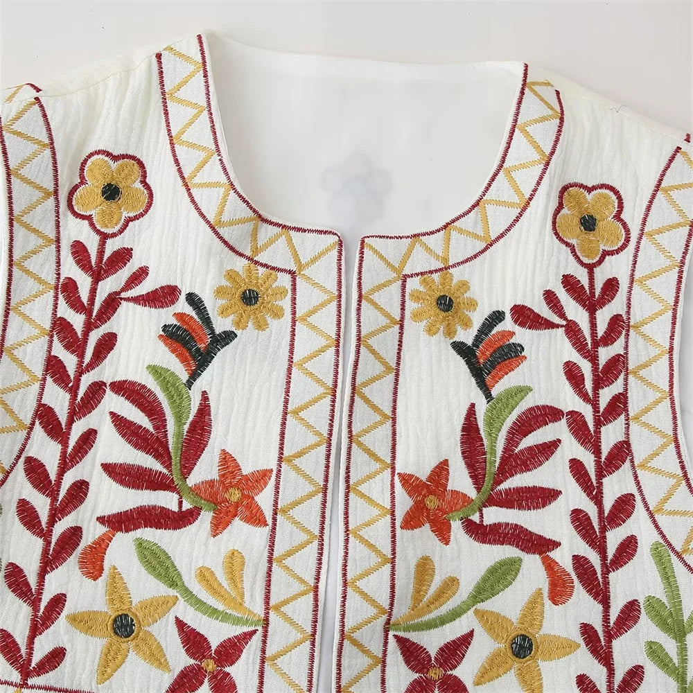 White Bouquet Boho Floral Embroidered Vest