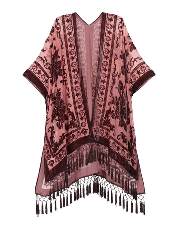 Mulberry Floral Print Velvet Burnout Kimono