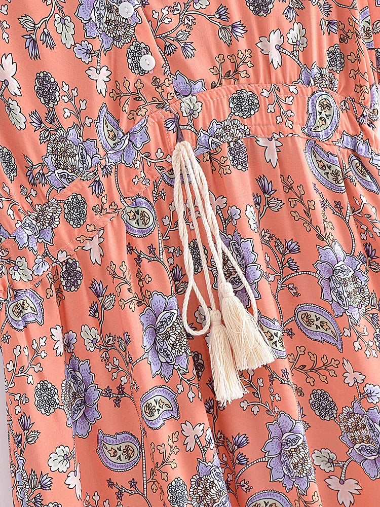 Coral Bloom Boho Floral Print Maxi Dress