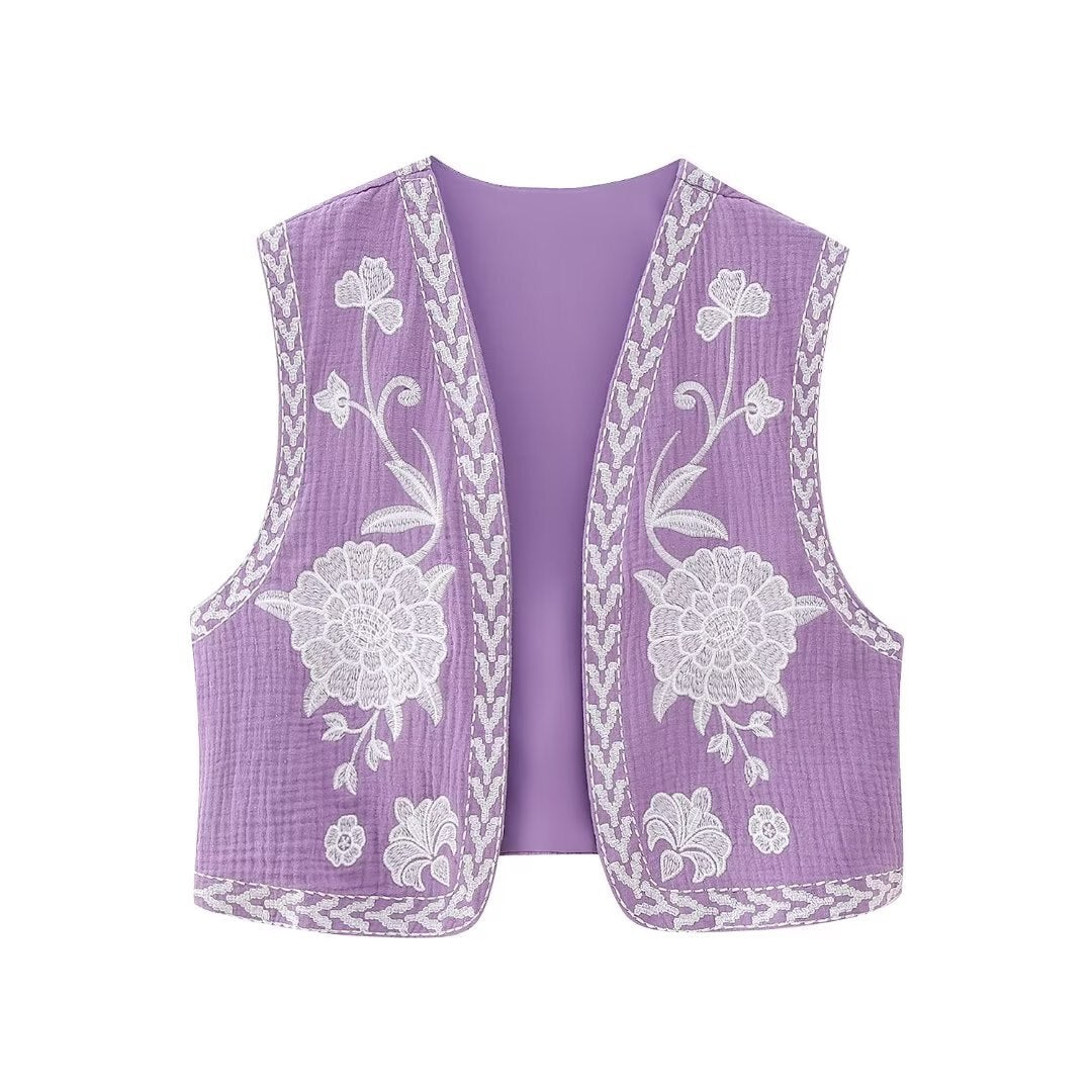 Lavender Blooms Boho Floral Embroidered Vest