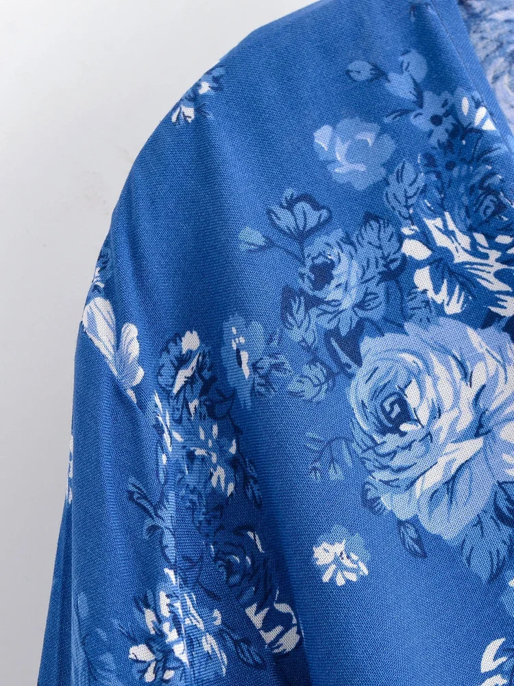 Blue Rose Dreams Boho Floral Print Long Sleeve Crop Top