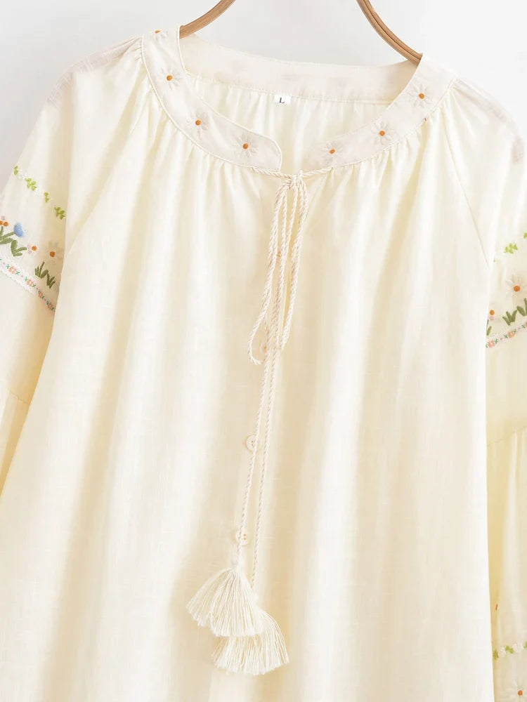 Cream Blossom Floral Embroidered Long Sleeve Blouse