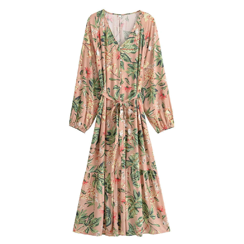 Blushed Dusk Boho Floral Print Long Sleeve Maxi Dress
