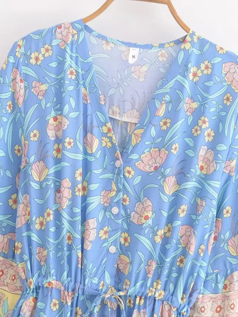 Sweetly Blooming Blue Boho Floral Print Mini Dress