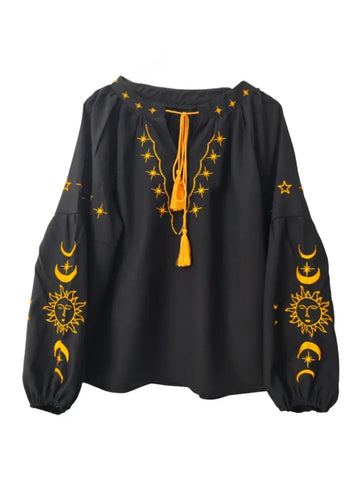 Midnight Luna Sol Embroidered Long Sleeve Blouse