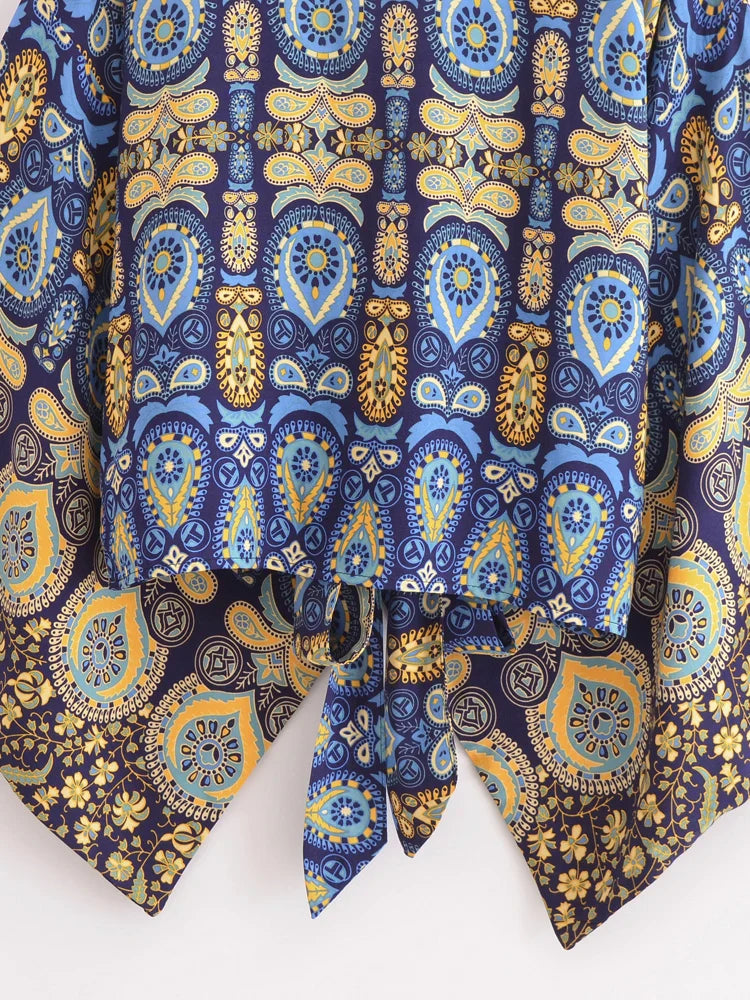 Dark Blue Boho Floral Print Crop Top