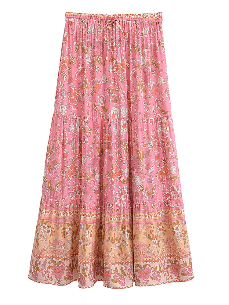 Blushing Bouquet Floral Print Boho Maxi Skirt