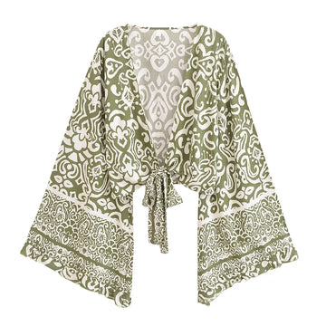 Serene Green Boho Floral Print Long Sleeve Crop Top