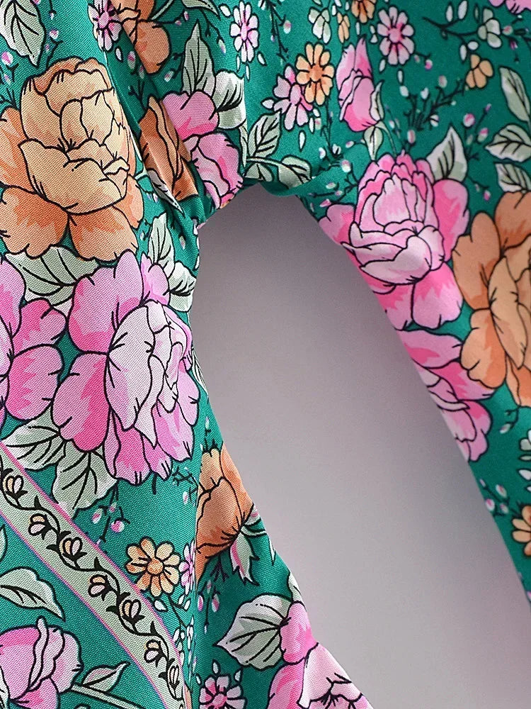 Teal Garden Boho Floral Print Crop Top
