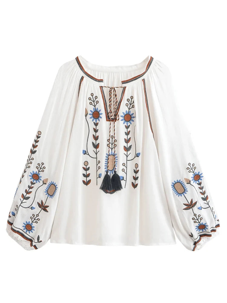 Snowdrop Bloom Floral Embroidered Long Sleeve Blouse
