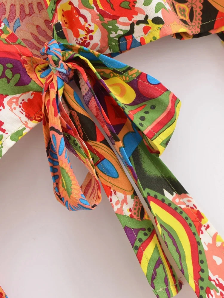 Psychedelic Sunrise Boho Floral Print Long Sleeve Crop Top