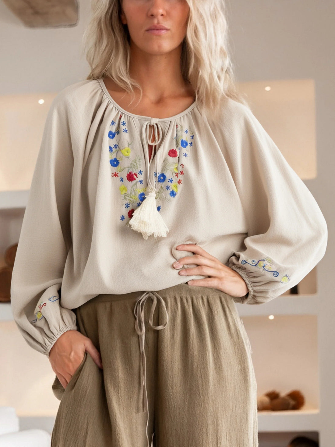 Beige Wildflower Floral Embroidered Long Sleeve Blouse