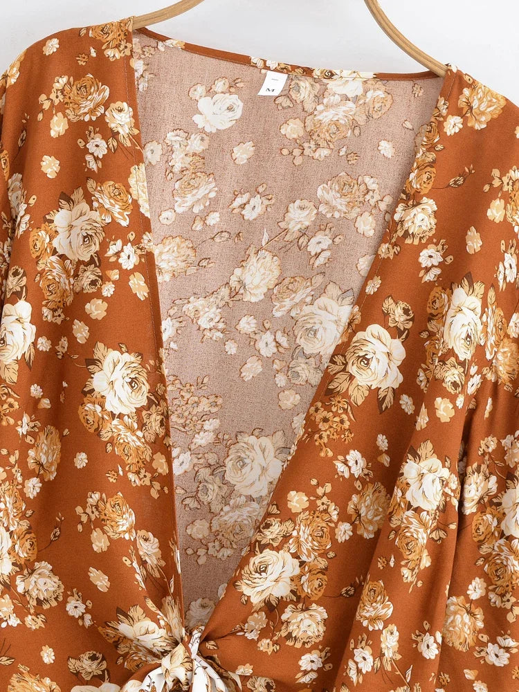 Spiced Honey Boho Floral Print Long Sleeve Crop Top