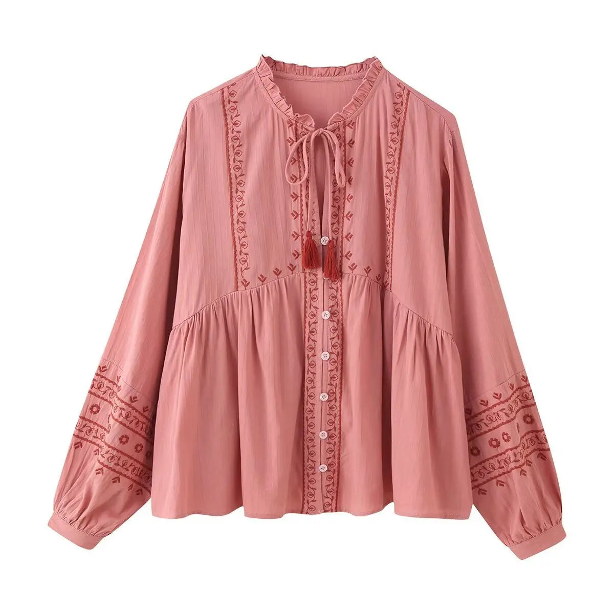 Dusky Rose Floral Embroidered Long Sleeve Blouse