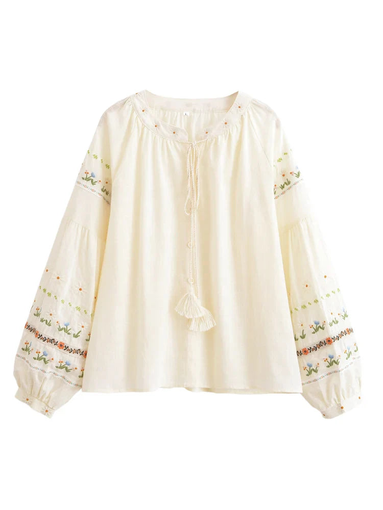 Cream Blossom Floral Embroidered Long Sleeve Blouse